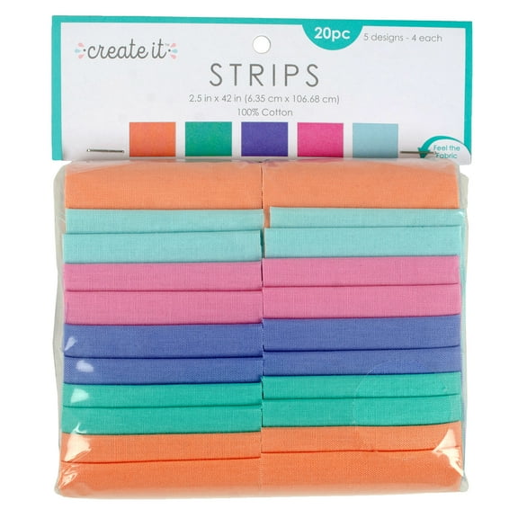 Create It 2.5"x42" Cotton Solid Pastel Precut Strips, Multicolor 20 Piece