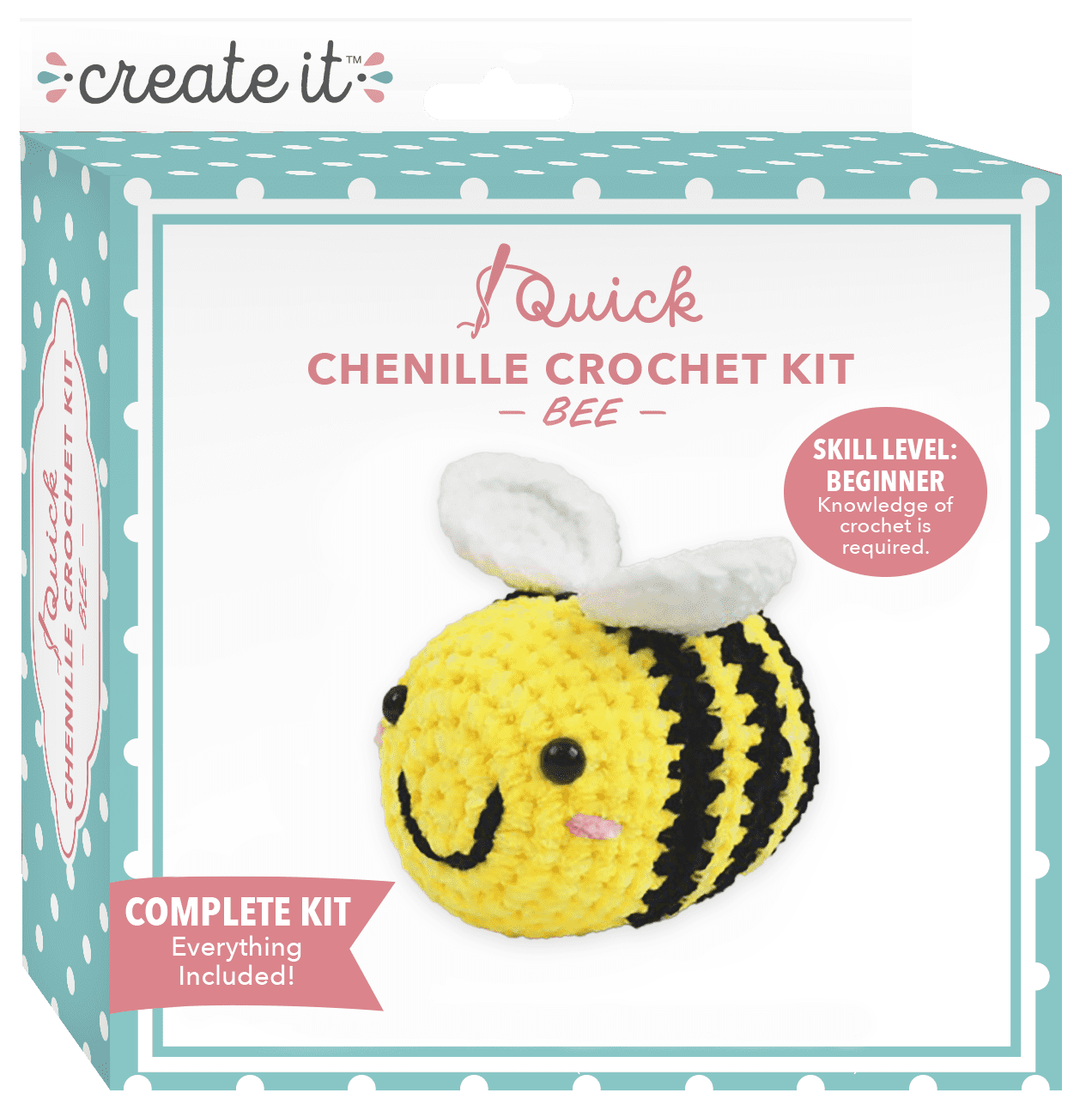 Create It Beginner Crochet Kit, DIY Crochet Starter Kit with Chenille Yarn, Bee, Yellow, 1 Piece
