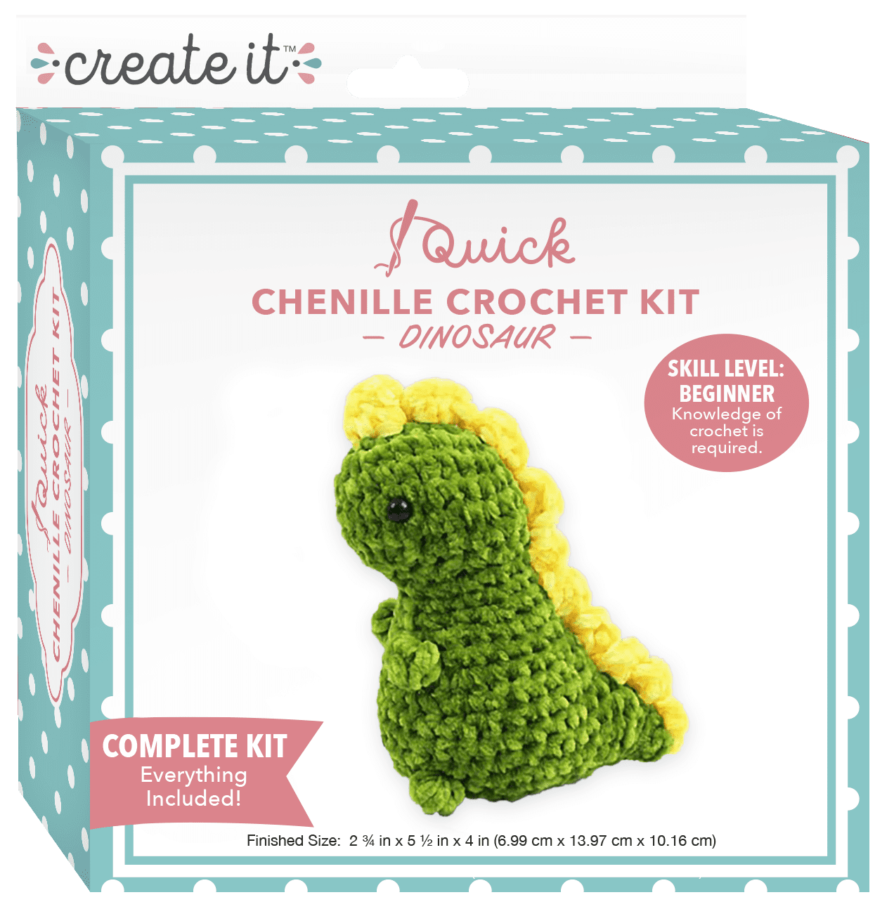 Create It Beginner Crochet Kit, DIY Crochet Starter Kit with Chenille Yarn, Dinosaur, Green, 1 Piece