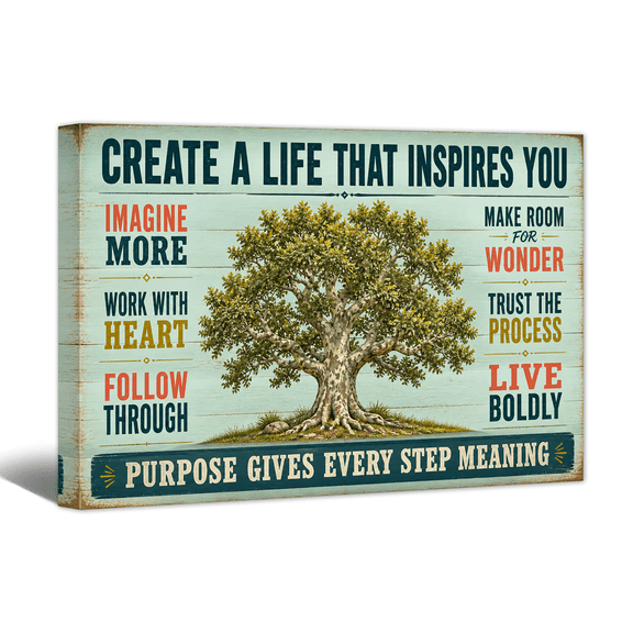Create A Life Inspire You Canvas Wall Art Motivational Quotes Picture Print, Positive Retro Artwork Affirming Tree Painting for Home Living Room Bedroom Office Decor
