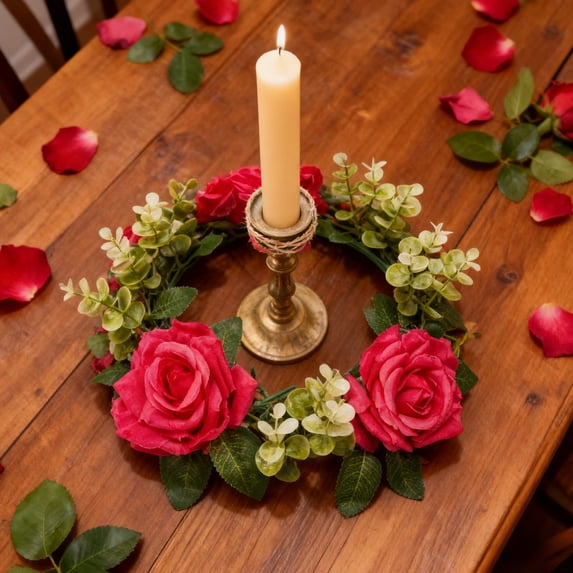 Create A Romantic Vibe With Valentine's Day Artificial Rose Flower Candle Holders, Wreath Tabletop Decor | Faux Florals (9.1 Inch Plastic) For Weddings