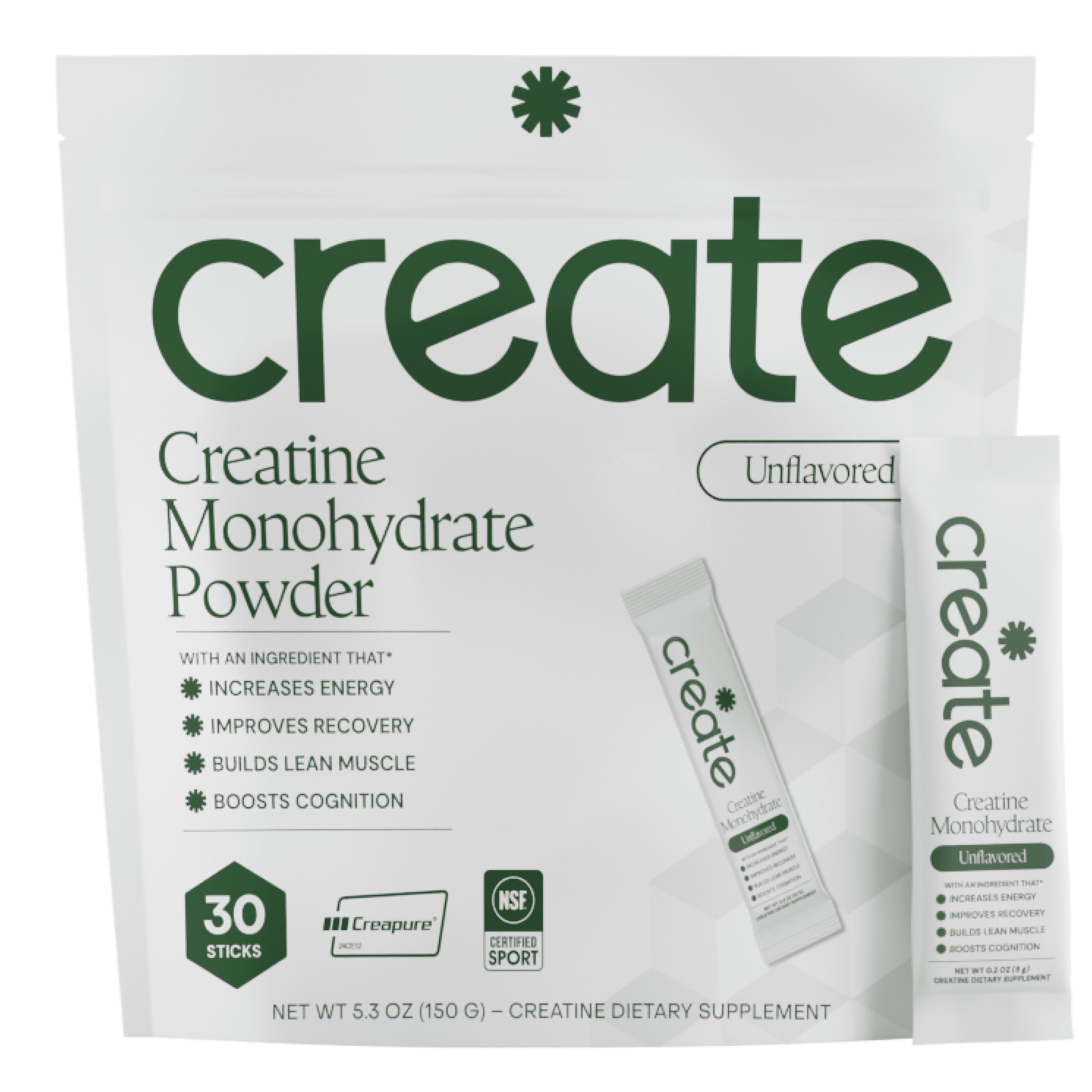 Create Creatine Monohydrate Powder, Unflavored, 30 Single-Serve Packs