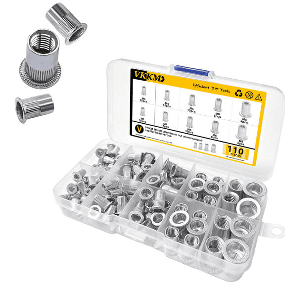 110Pcs Aluminum Rivet Nut Assortment Kit, Metric M3/M4/M5/M6/M8 Flat Head Knurled Body Threaded Inserts, Nutsert Set for Automotive, Furniture, Plastic, Fiberglass and Sheet Metal Work