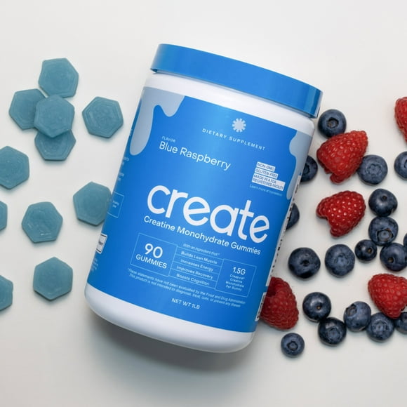 Create Blue Raspberry Creatine Gummies 1.5g Creatine Monohydrate, Boost Strength & Focus, 90 Ct