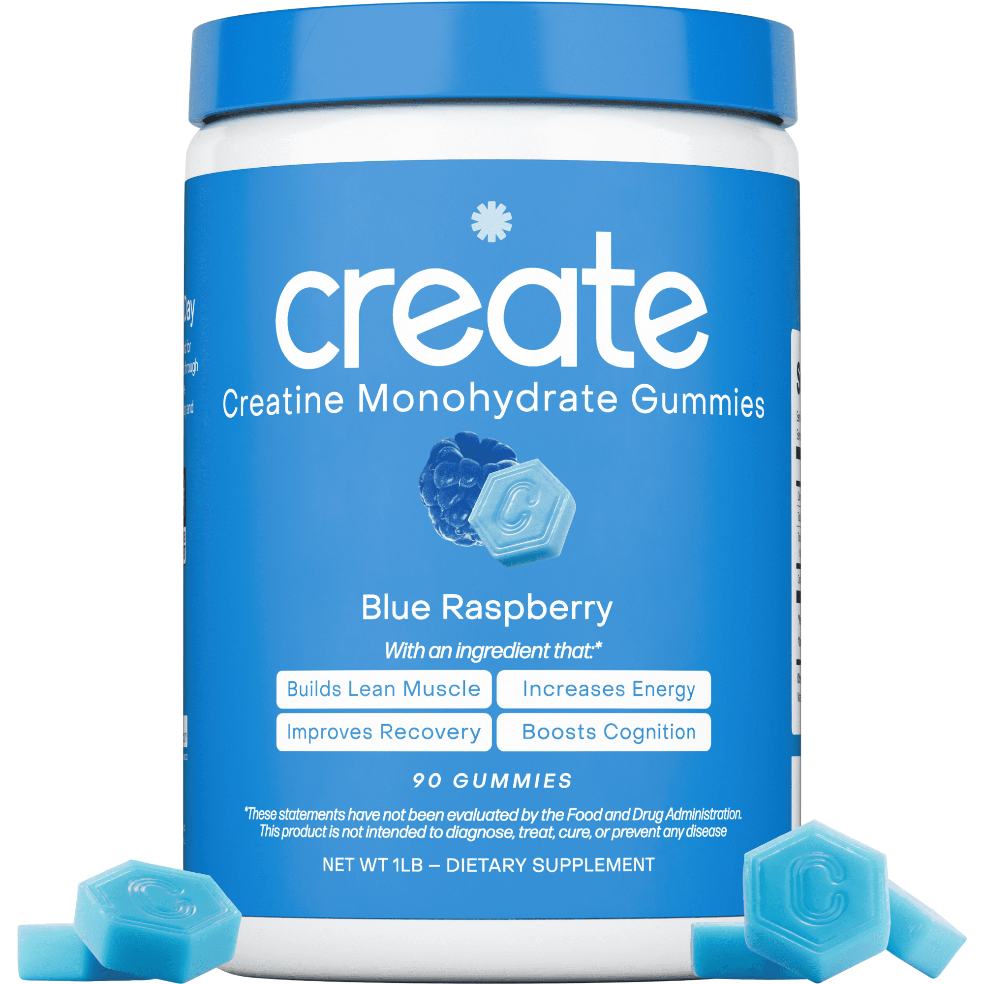 Create Blue Raspberry Creatine Gummies – 1.5g Creatine Monohydrate, Boost Strength & Focus, 90 Ct