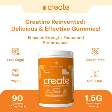 Create Creatine Gummies – 1.5g Creatine Monohydrate Per Gummy, Boost Strength & Focus, Orange, 90 Ct