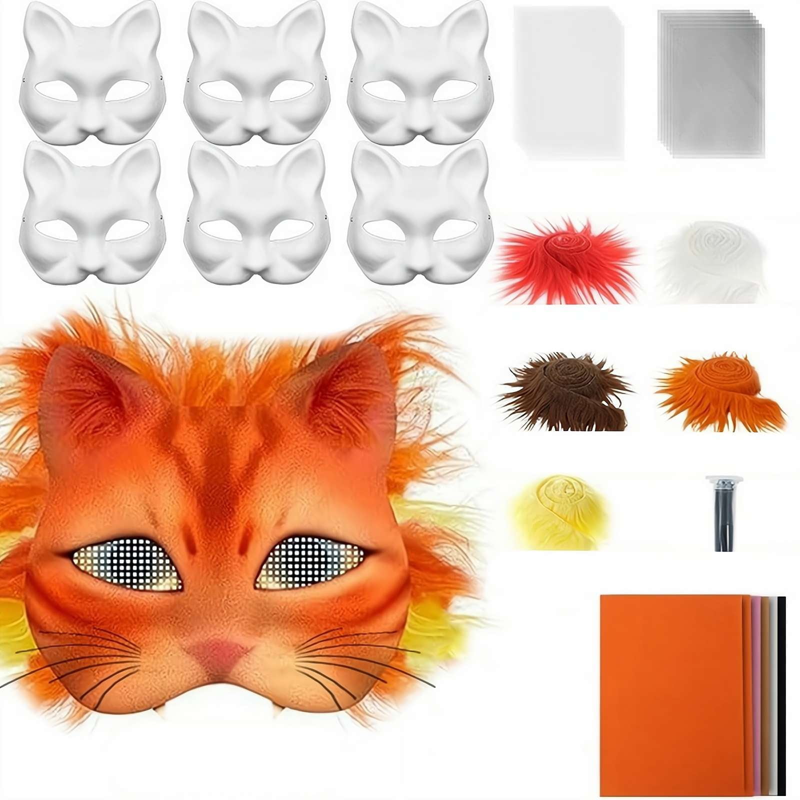 Create Your Own Cat Mask - DIY Animal Mask Craft Kit with Blank Mask, Colored Felt & Plush Fabric for Halloween, Cosplay & Costume Parties