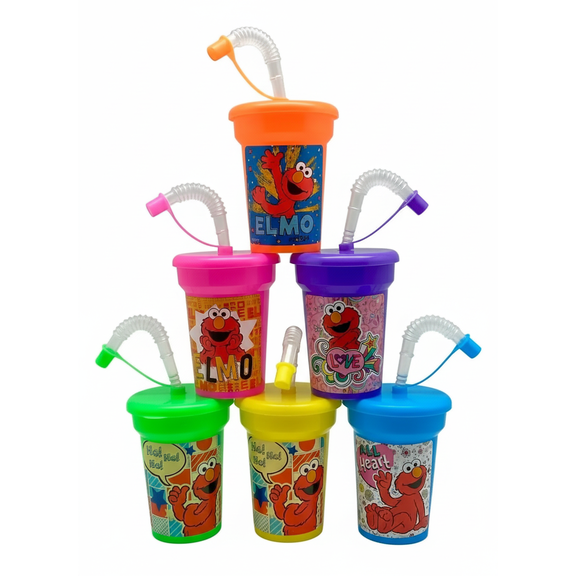 Create Your Own-Colorful Elmo Reusable Kids Cups with Lids & Straws Set of 6