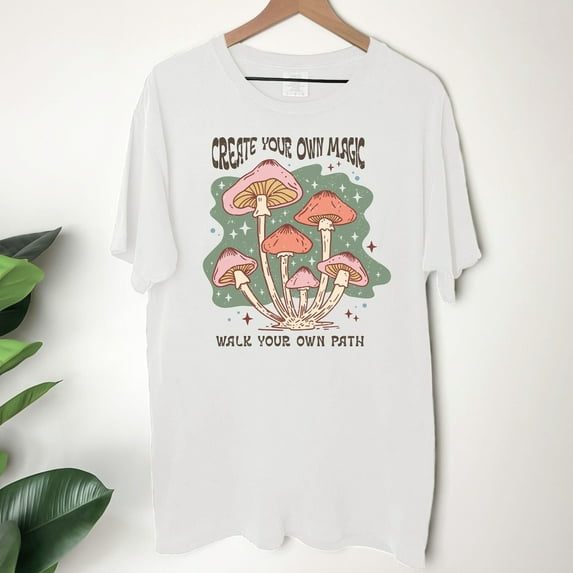 Create Your Own Magic Mushroom Boho Shirt, Make Your Own Magic Shirt, Tee Inspirational Tee, Mystical Moth Quote Shirt (Colors:White; Sizes:4XL;)