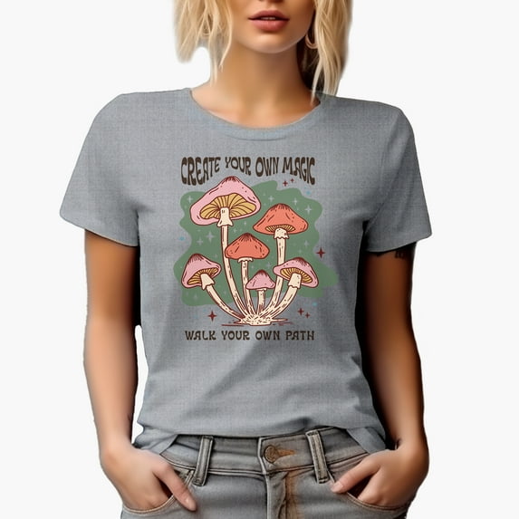 Create Your Own Magic, Walk Your Own Path, Boho Retro Mushroom Art Merch Gift, Heather Grey T-Shirt, 3XL