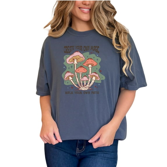 Create Your Own Magic, Walk Your Own Path, Retro Boho Mushroom Art, Denim Comfort Colors T-Shirt, Small