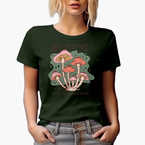 Distressed Create Your Own Magic, Walk Your Own Path, Retro Boho Mushroom Art Merch Gift, Military Green T-Shirt, Large