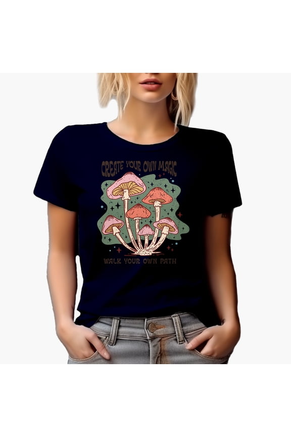 Create Your Own Magic, Walk Your Own Path, Retro Boho Mushroom Art Merch Gift, Navy Blue T-Shirt, Large