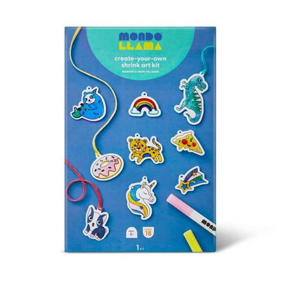 Create-Your-Own Shrink Art Kit - Mondo Llama: DIY Craft Activity, Includes Markers, Ages 6+, 15 Pieces, Plastic Material
