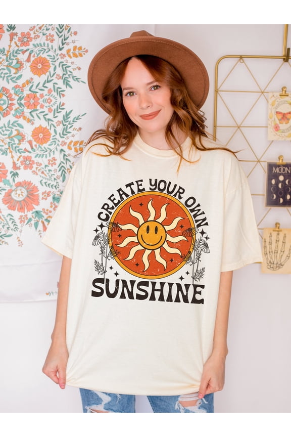 Create Your Own Sunshine Shirt Retro Summer Graphic Tee Positive Quote Aesthetic Comfort Colors Unisex Cotton T-Shirt, Size S-3XL