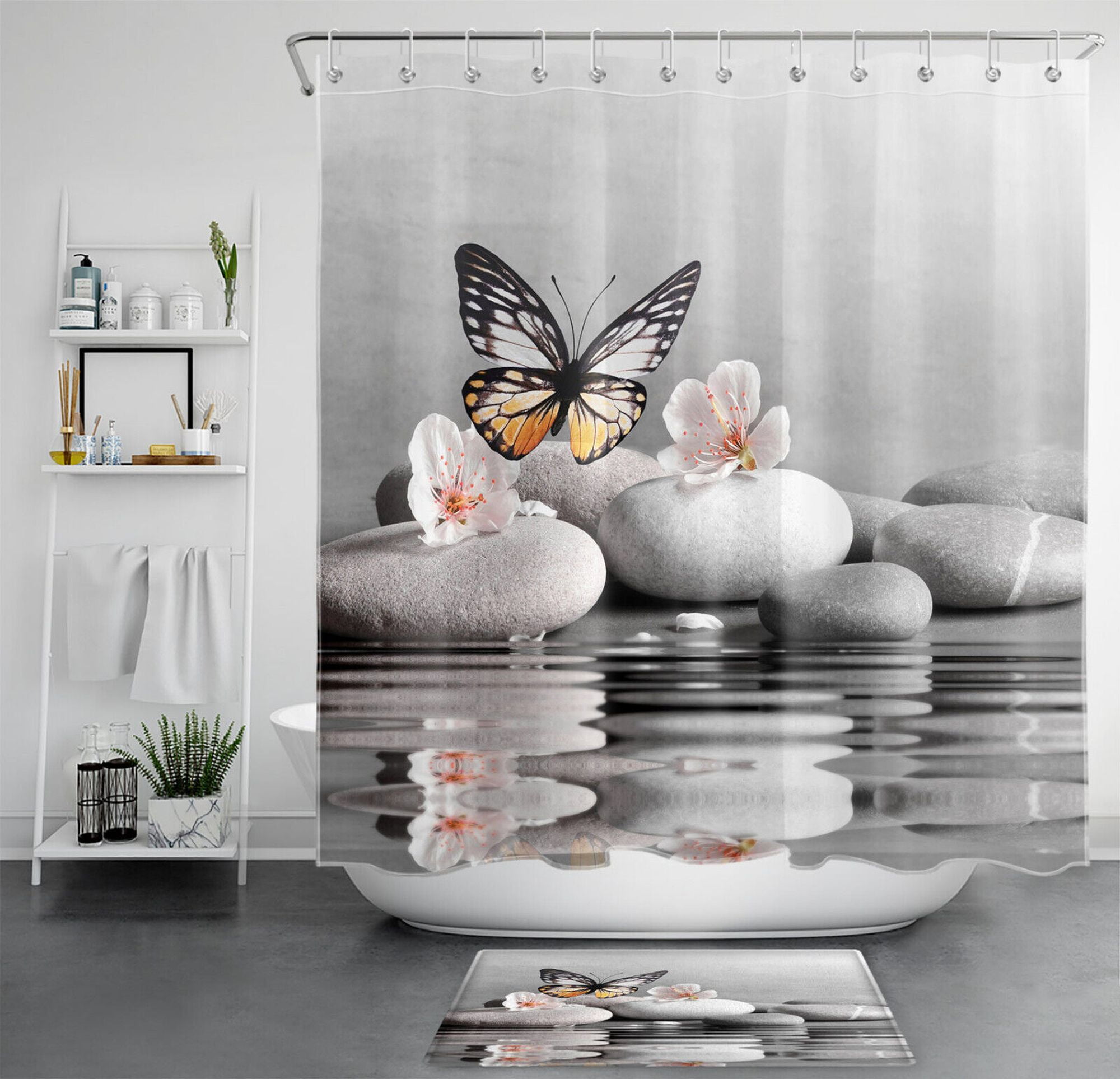 Create A Tranquil Retreat With A Pink Floral Butterfly Shower Curtain Set From Zen Spa Decor 3501