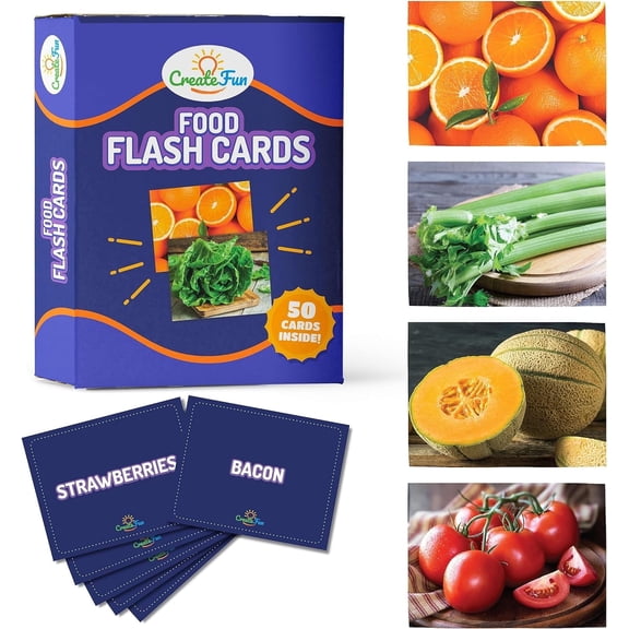 CreateFun Food Flash Cards - 50 Educational Flash Cards for Children and Adults - Fun Vocabulary Builder Flash Cards for Speech Therapy, ESL, Occupational Therapy, and More