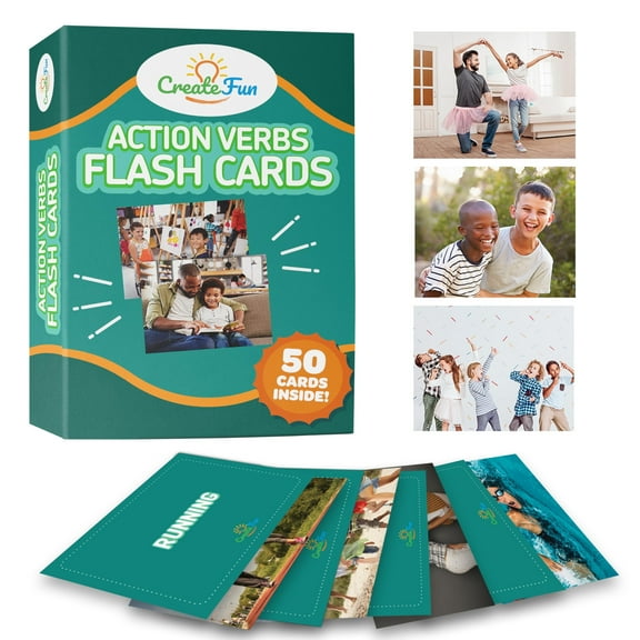 CreateFun Verbs Flash Cards | 50 Actions and Motions | With 5 Learning Games | For Parents, Speech Therapy and ESL.