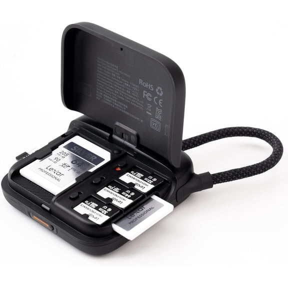 CreateMate Mini SD Card Reader Case for Pocket 4, High-Speed 2-in-1 SD 4.0/Micro SD Card Reader with 6-Slot Storage Portable, Dual-Slot Transfer/USB 3.1/Type-C for Camera/Drone/Phone, Black
