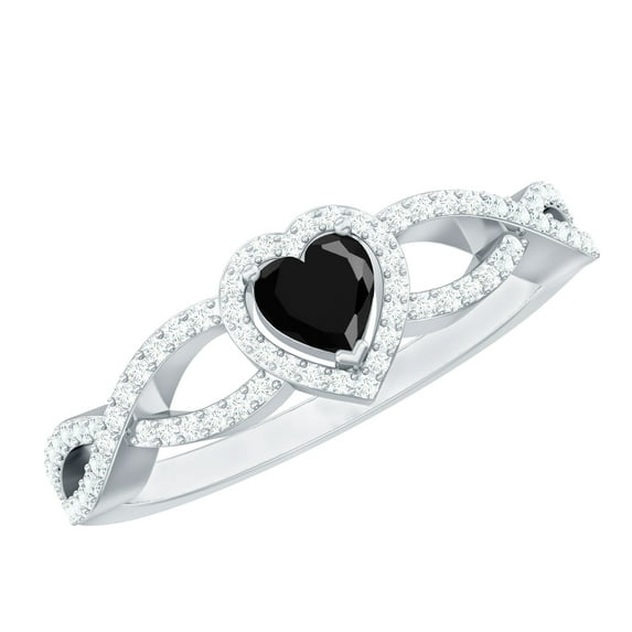 Rosec Jewels Lab Grown Black Diamond Heart Engagement Ring with Moissanite - Criss Cross Ring - AAAA Grade - with Jewelry Box, 10K White Gold, US 6.00