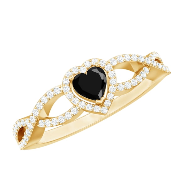 Rosec Jewels Lab Grown Black Diamond Heart Engagement Ring with Moissanite - Criss Cross Ring - AAAA Grade - with Jewelry Box, 10K Yellow Gold, US 5.00