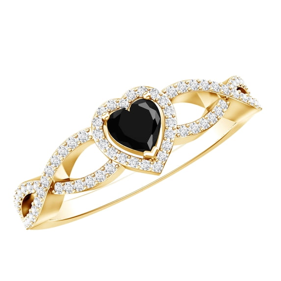Rosec Jewels Lab Grown Black Diamond Heart Engagement Ring with Moissanite - Criss Cross Ring - AAAA Grade - with Jewelry Box, 18K Yellow Gold, US 7.50