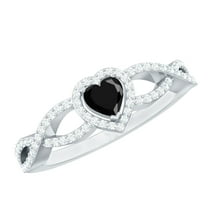Rosec Jewels Lab Grown Black Diamond Heart Engagement Ring with Moissanite - Criss Cross Ring - AAAA Grade - With Jewelry Box, 925 Sterling Silver, US 4.00