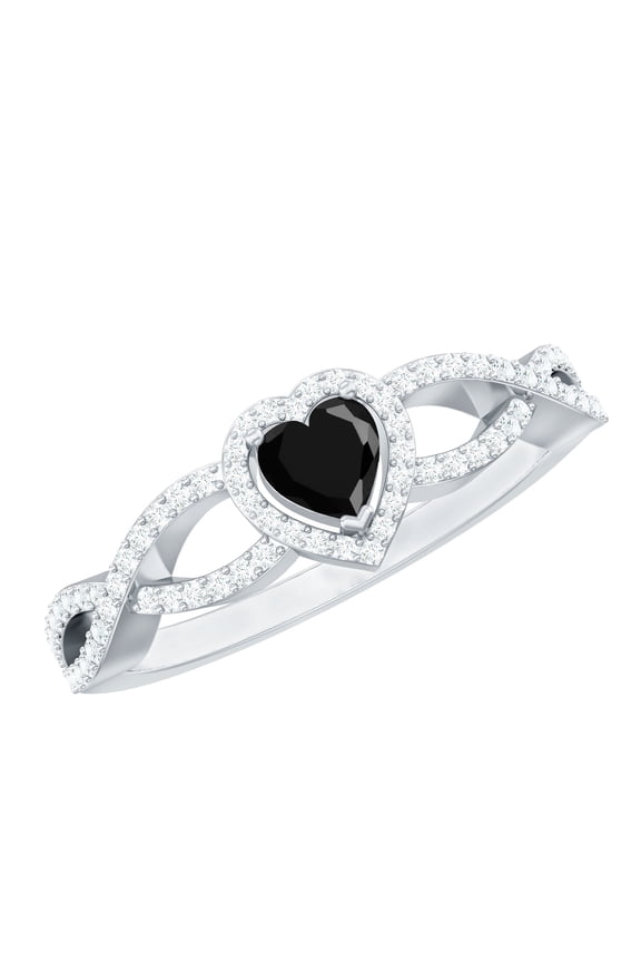 Lab Grown Black Diamond Heart Engagement Ring with Moissanite - Criss Cross Ring - AAAA Grade - with Jewelry Box, 925 Sterling Silver, US 4.00