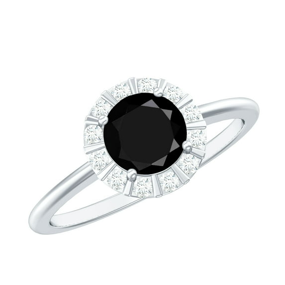 Created Black Diamond Ring with Diamond Halo (6 mm) - AAAA Quality, 14K White Gold, US 11.00