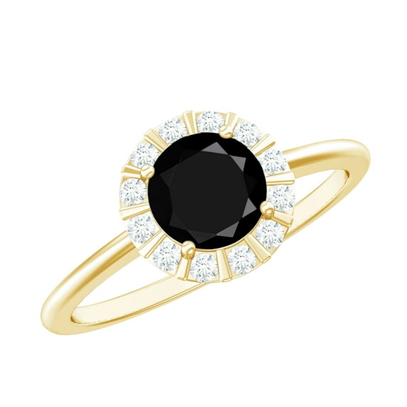 Rosec Jewels Created Black Diamond Ring with Diamond Halo (6 mm) - AAAA Quality, 18K Yellow Gold, US 9.50