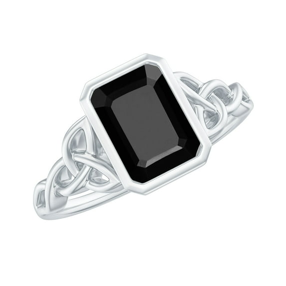 Created Black Diamond Solitaire Ring with Diamond, Celtic Knot Ring - 6X8 mm, 18K White Gold, US 10.00