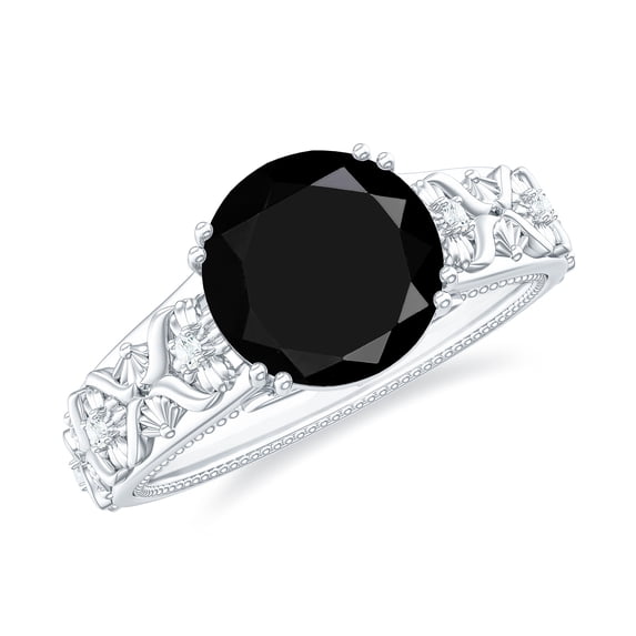 Rosec Jewels Created Black Diamond Solitaire Ring with Diamond for Women (8mm Round, AAAA Quality), 18K White Gold, US 13.00