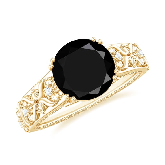Rosec Jewels Created Black Diamond Solitaire Ring with Diamond for Women (8mm Round, AAAA Quality), 18K Yellow Gold, US 9.00