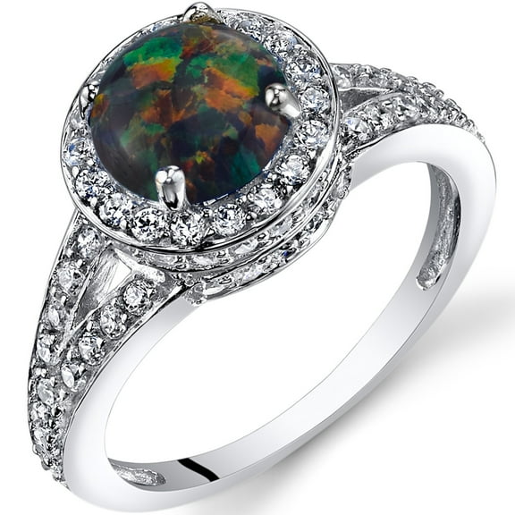 Created Black Opal Halo Ring Sterling Silver 1.00 Carats Size 7
