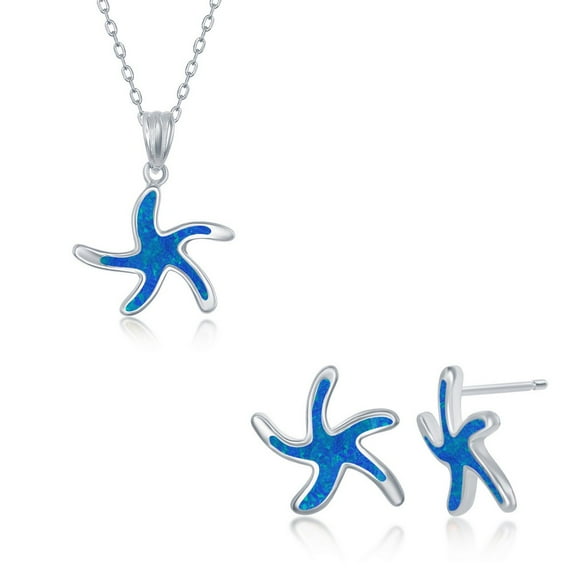 Created Blue Opal Palm-Tree/Dolphin/Starfish/Turtle/Crab/Whale-Tail/Flip-Flop/Waves/Shell Nautical Necklace and Earrings Set Sterling Silver with 6+2’’ Chain Jewelry for Women or Teens