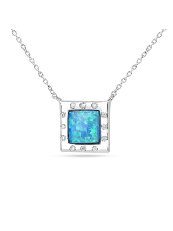 Blue Opal Necklace 925 Sterling Silver 1 Ct October Birthstone with Moissanite Accent Women's