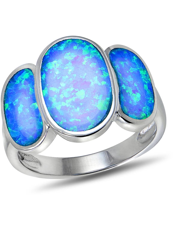 Created Blue Opal Sterling Silver Triple-Oval Fashion Ring