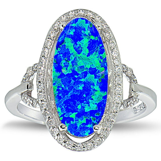 Created Blue Opal and CZ Sterling Silver Oval Ring - Walmart.com