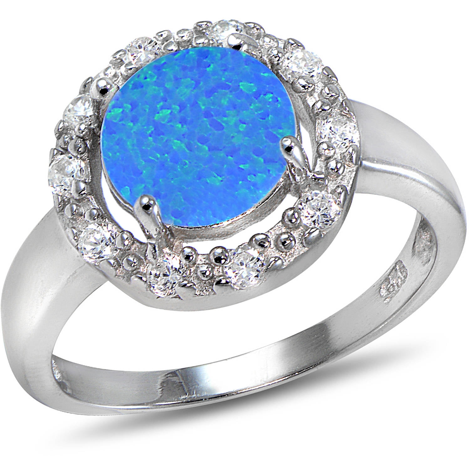 Created Blue Opal and CZ Sterling Silver Round Ring