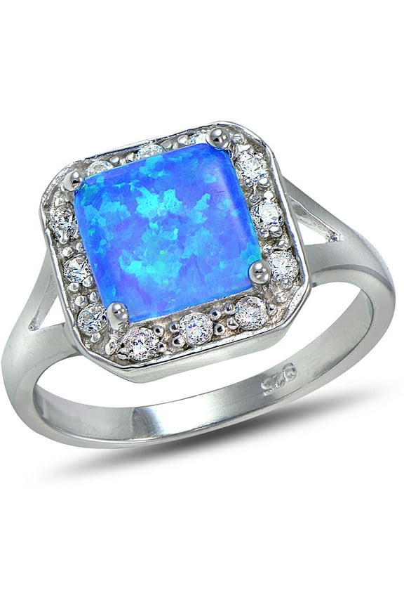 Created Blue Opal and CZ Sterling Silver Square Ring