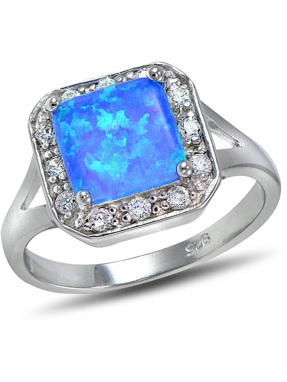 Created Blue Opal and CZ Sterling Silver Square Ring