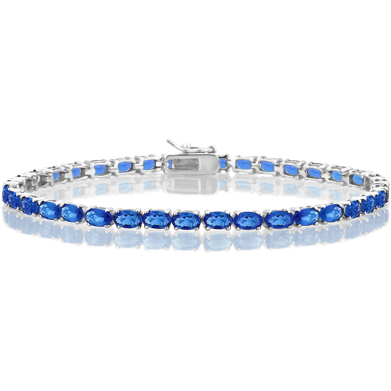 Created Blue Saphhire Gemstone Sterling Silver Tennis Bracelet, 7.5"