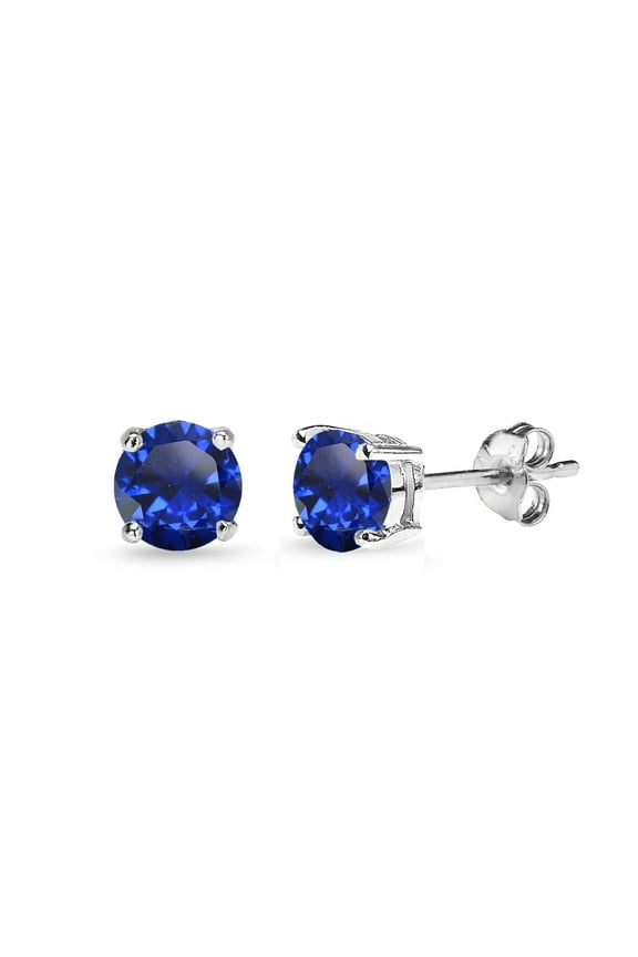 Created Blue Sapphire 5mm Round-Cut Solitaire Sterling Silver Stud Earrings