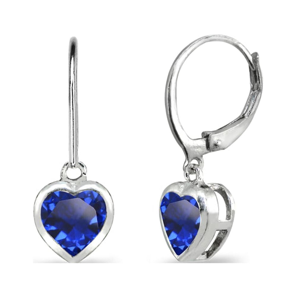 Created Blue Sapphire 6mm Heart Bezel Dangle Leverback Earrings in Sterling Silver