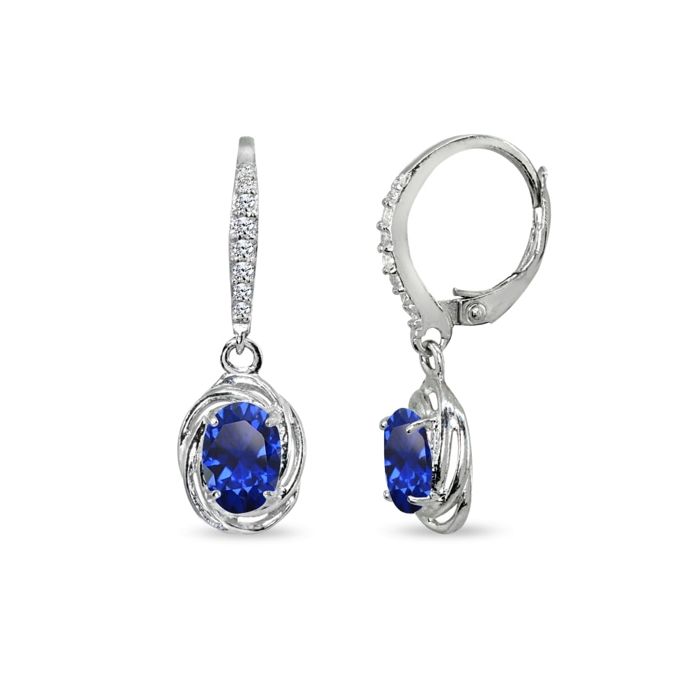 Created Blue Sapphire & CZ 7x5mm Oval Love Knot Sterling Silver