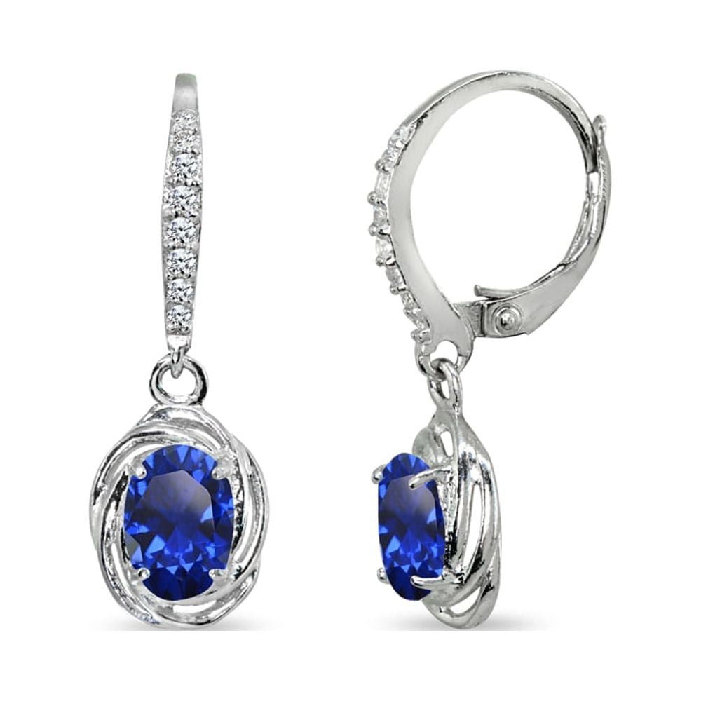 Created Blue Sapphire & CZ 7x5mm Oval Love Knot Sterling Silver Dangle Earrings