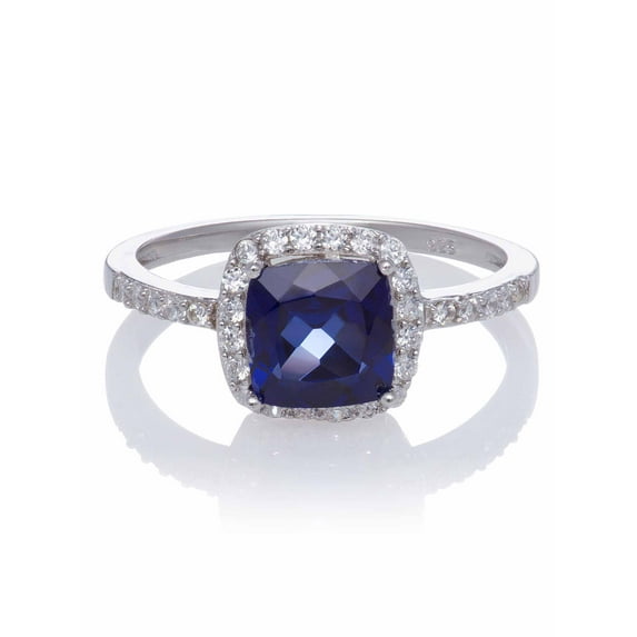 Created Blue Sapphire Cushion-Cut with Created White Sapphire Ring, Size 7