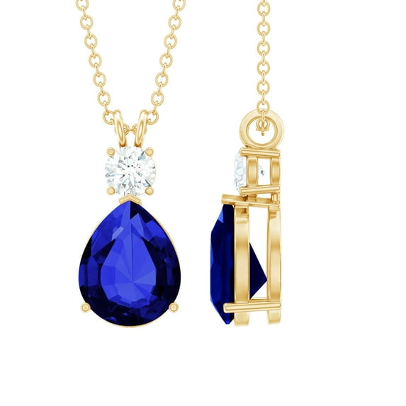 Rosec Jewels Certified Lab Grown Blue Sapphire Teardrop Pendant Necklace - 8X10 mm Pear Shape - AAAA Grade - with Jewelry Box, 14K Yellow Gold