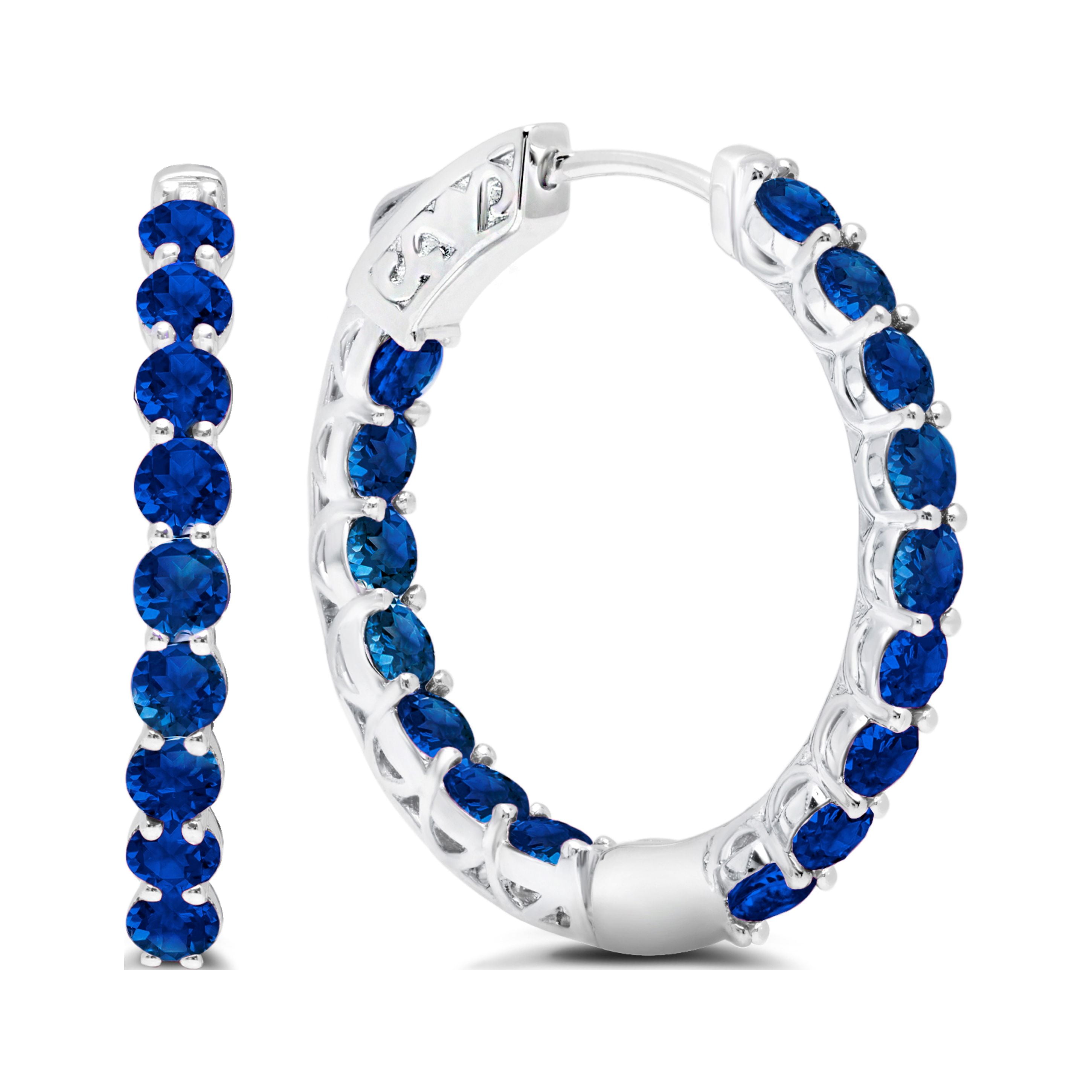 Created Blue Sapphire Inside Out Hoop Earrings for Women in 925 Sterling Silver 1 Inch Diameter and 3mm September Birthstone with Notched Post with Lock by MAX + STONE