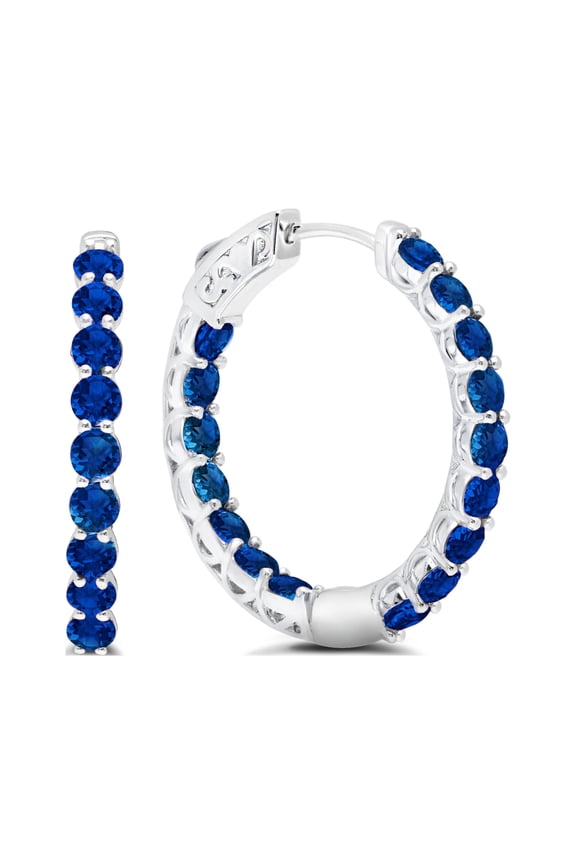 Created Blue Sapphire Inside Out Hoop Earrings for Women in 925 Sterling Silver 1 Inch Diameter and 3mm September Birthstone with Notched Post with Lock by MAX + STONE